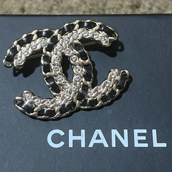 CHANEL Jewelry Chanel Gold Rhinestone Lambskin Chain Brooch Poshmark